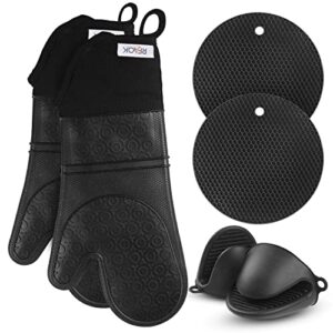 rfaqk oven mitts and pot holders sets- extra long silicone oven mitts, oven mitts heat resistant with quilted soft liner and mini oven mittens sets for kitchen, baking, grill and bbq (black)