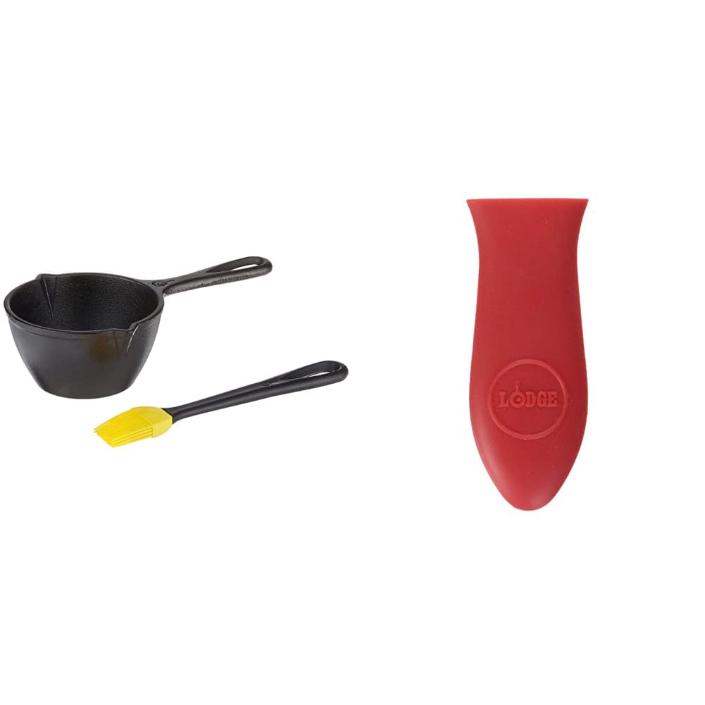 Lodge Cast Iron Silicone Brush Melting Pot, 15.2 oz, Black & ASHHM41 Mini Silicone Hot Handle Holder, Red