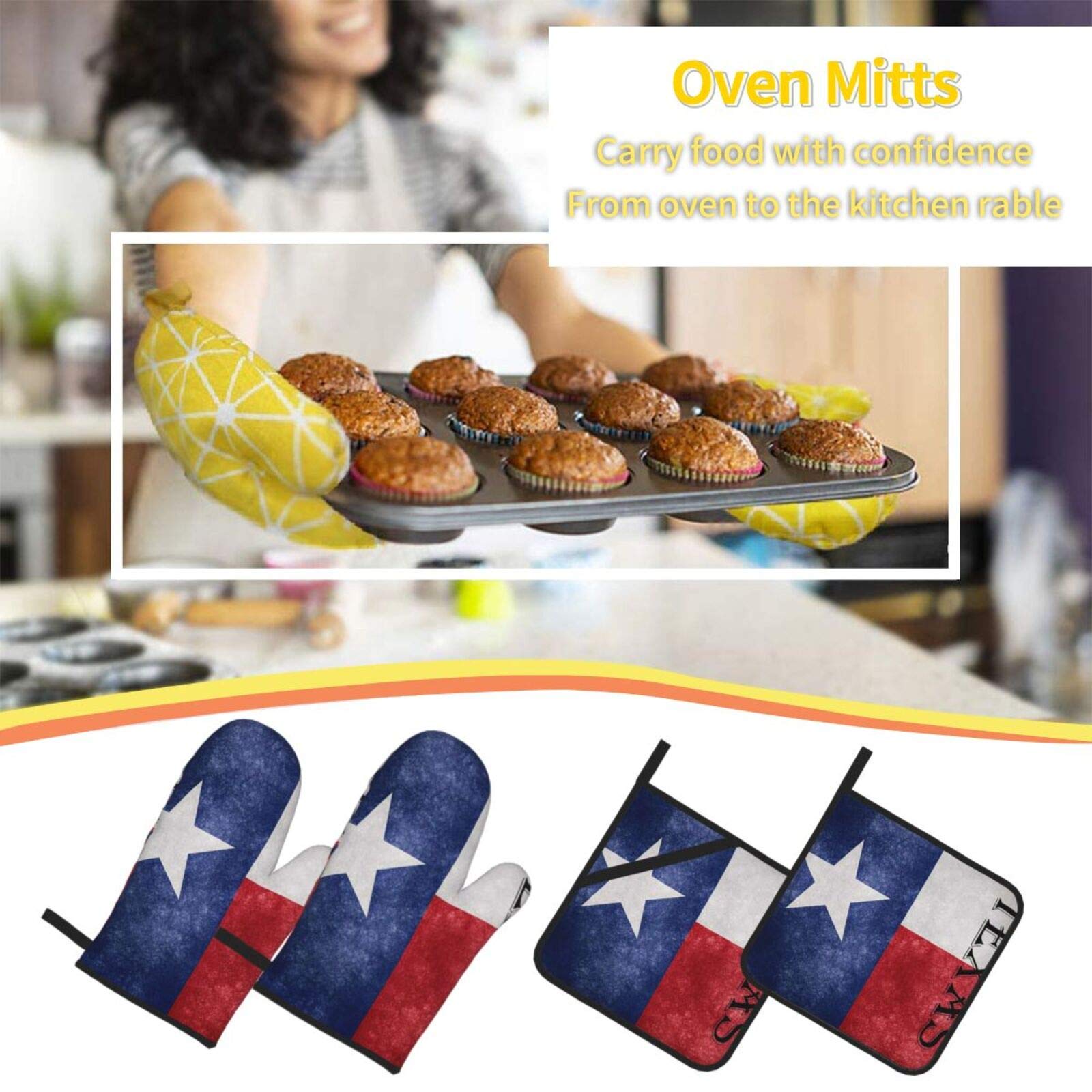 Msacrh Texas Flag Oven Mitts and Pot Holders Sets of 4, Cotton Lining with Non-Slip Hot Pads Heat Resistant Oven Gloves for Kitchen Cooking Baking Grilling