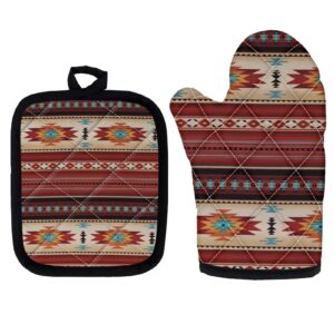 JOAIFO Southwest Nativa Oven Mitts and Pot Holders Sets, Tribal Aztec Pattern Heat Resistant & Non-Slip Oven Mitts with Potholder Fashion Kitchen Cotton Cooking BBQ Gloves