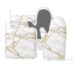 oven mitts and pot holders marble white gold silicone kitchen accessories set of 4 heat resistant long gloves potholder non-slip grip for chef cooking,baking,grilling,bbq