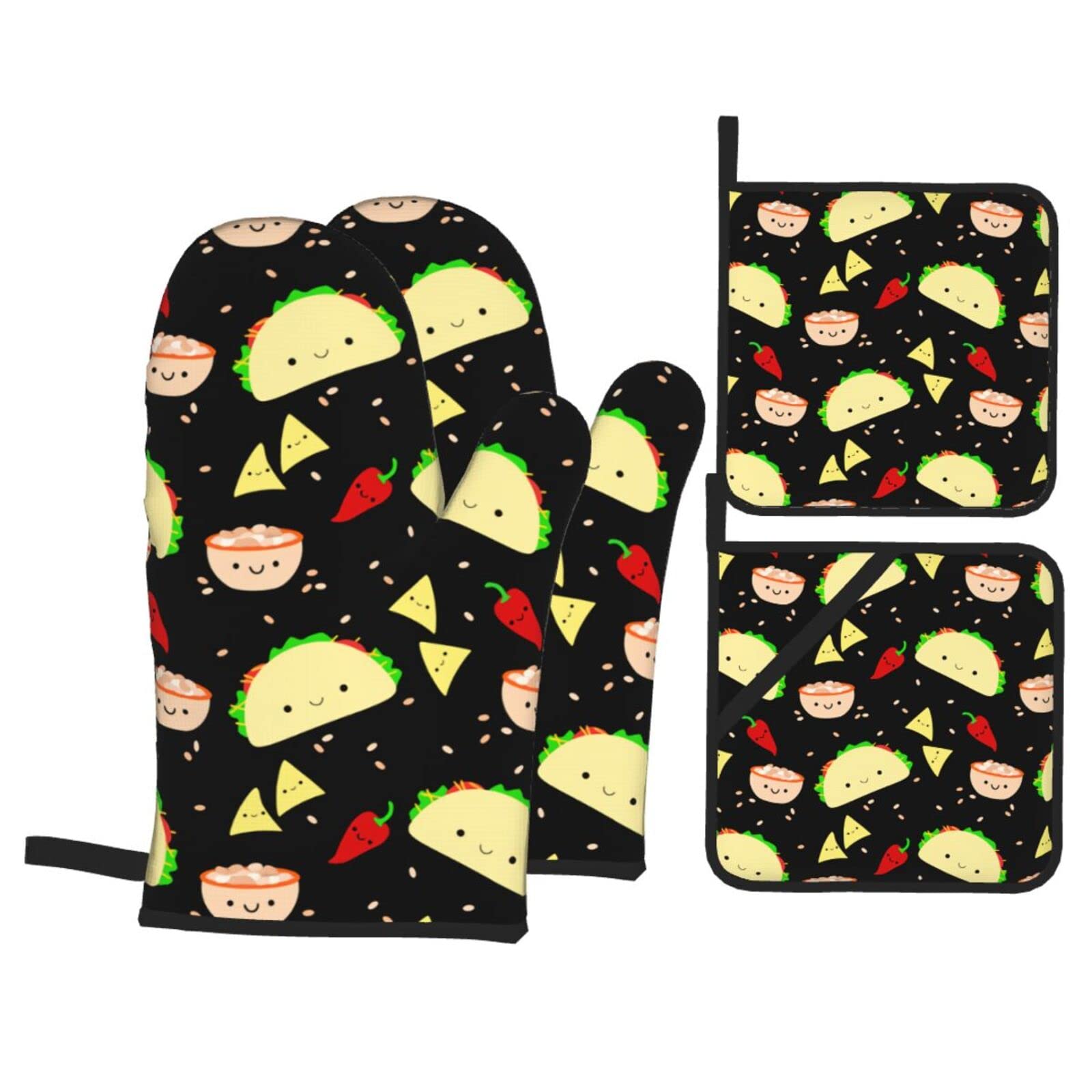 Kawaii Taco Patterned Oven Mitts and Pot Holders Set of 4, Oven Mittens and Potholders Heat Resistant Gloves for Kitchen Cooking Baking Grilling BBQ