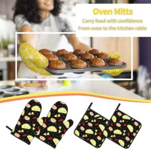 Kawaii Taco Patterned Oven Mitts and Pot Holders Set of 4, Oven Mittens and Potholders Heat Resistant Gloves for Kitchen Cooking Baking Grilling BBQ