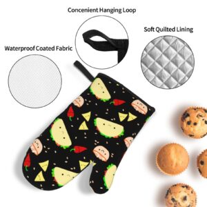 Kawaii Taco Patterned Oven Mitts and Pot Holders Set of 4, Oven Mittens and Potholders Heat Resistant Gloves for Kitchen Cooking Baking Grilling BBQ