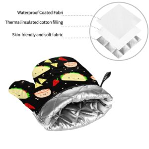 Kawaii Taco Patterned Oven Mitts and Pot Holders Set of 4, Oven Mittens and Potholders Heat Resistant Gloves for Kitchen Cooking Baking Grilling BBQ