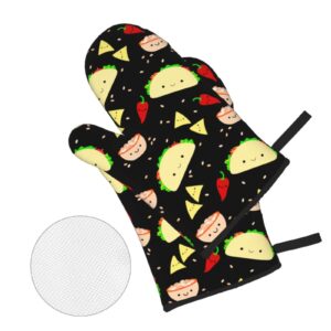 Kawaii Taco Patterned Oven Mitts and Pot Holders Set of 4, Oven Mittens and Potholders Heat Resistant Gloves for Kitchen Cooking Baking Grilling BBQ