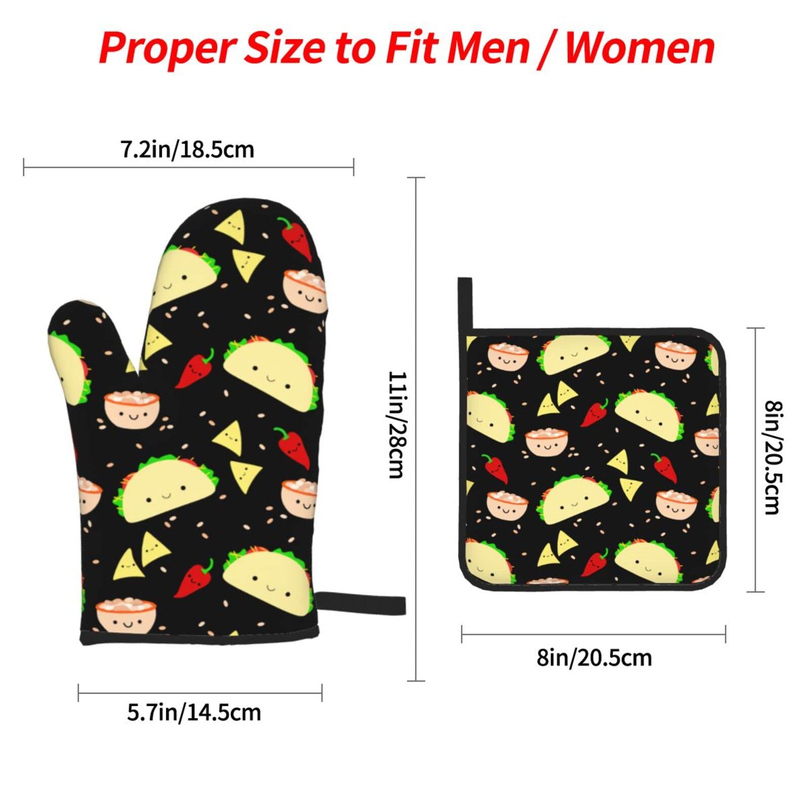 Kawaii Taco Patterned Oven Mitts and Pot Holders Set of 4, Oven Mittens and Potholders Heat Resistant Gloves for Kitchen Cooking Baking Grilling BBQ