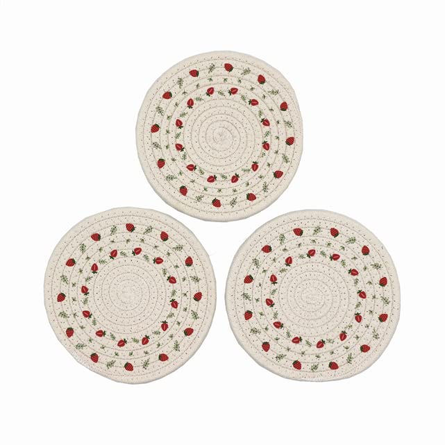 Aertai 3 Pieces Kitchen Pot Holders Set 100% Cotton Thread Weave, Trivet for Hot Pots and Pans, Hot Pads and Spoon Rest for Cooking and Baking by Diameter 7 Inches (Strawberry)