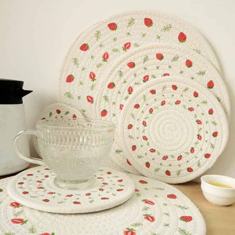 Aertai 3 Pieces Kitchen Pot Holders Set 100% Cotton Thread Weave, Trivet for Hot Pots and Pans, Hot Pads and Spoon Rest for Cooking and Baking by Diameter 7 Inches (Strawberry)