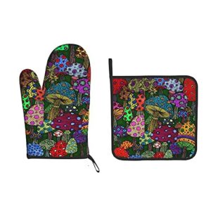 dewoofly forest mushroom art painting heat resistant oven mitts and pot holders sets, thick kitchen gloves for bbq