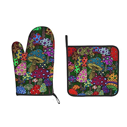 Dewoofly Forest Mushroom Art Painting Heat Resistant Oven Mitts and Pot Holders Sets, Thick Kitchen Gloves for BBQ