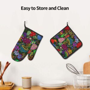 Dewoofly Forest Mushroom Art Painting Heat Resistant Oven Mitts and Pot Holders Sets, Thick Kitchen Gloves for BBQ