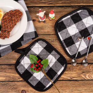 Whaline 6pcs Christmas Buffalo Plaid Hot Pot Holders Cotton Hot Pad with Pocket Reusable Heat Resistant Oven Mint for Kitchen Cooking and Baking (White Black)