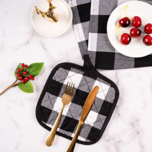 Whaline 6pcs Christmas Buffalo Plaid Hot Pot Holders Cotton Hot Pad with Pocket Reusable Heat Resistant Oven Mint for Kitchen Cooking and Baking (White Black)