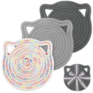 yonovo 7" cotton trivets set, 3pcs cute cat ear pot holders woven hot pads mats thick heat resistant for hot pots and pans round hot plate holder washable potholders kitchen farmhouse rustic gift
