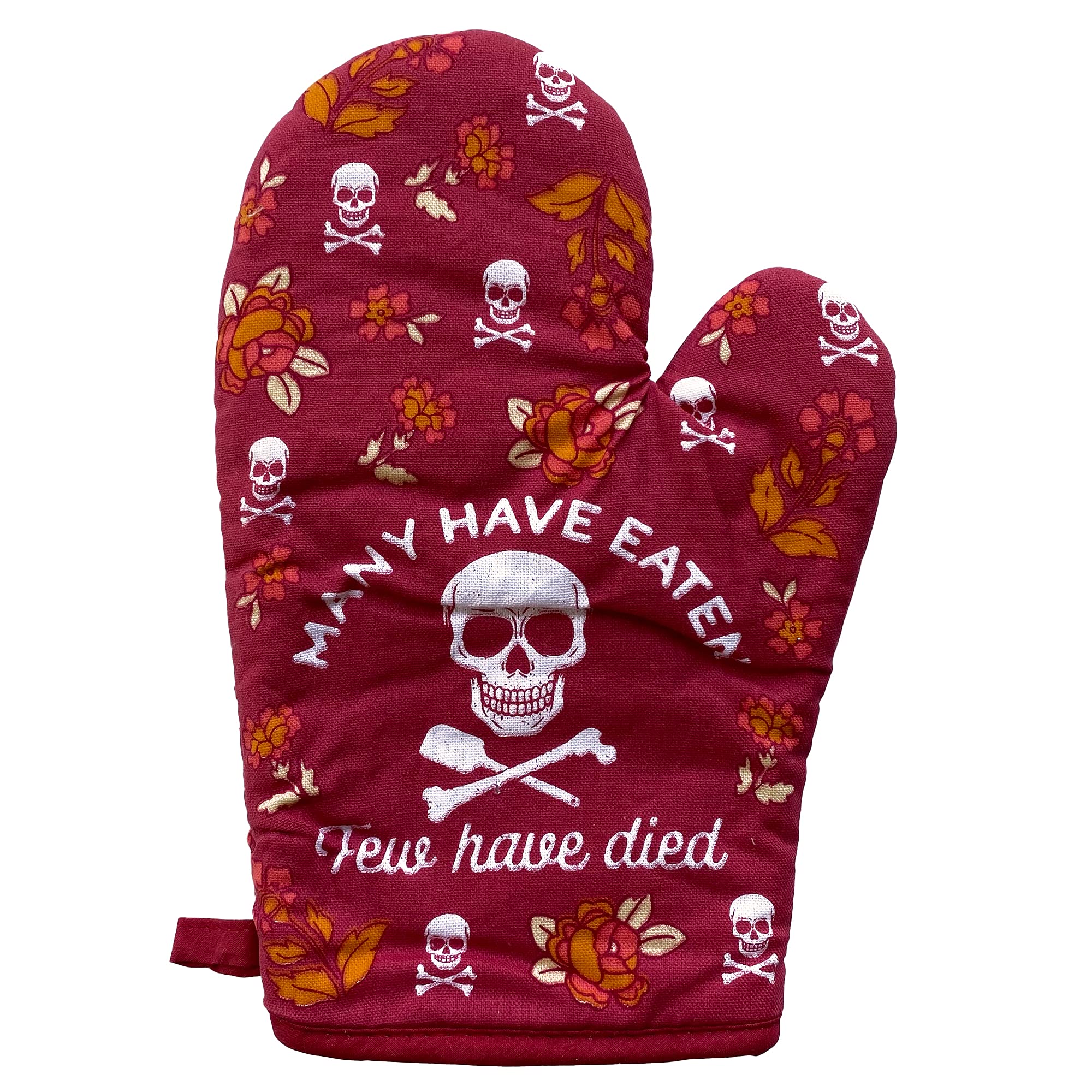 Many Have Eaten Few Have Died Oven Mitt Funny Sarcastic Cooking Kitchen Glove Funny Graphic Kitchenwear Halloween Funny Sarcastic Novelty Cookware Red Oven Mitt