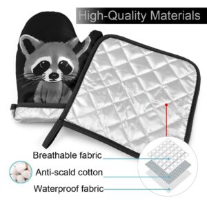 VGFJHNDF Cartoon Cute Raccoon Oven Mitts and Pot Holders Set,Heat Non-Slip Resistant Waterproof Gloves for Kitchen Cooking Baking,BBQ,Grilling