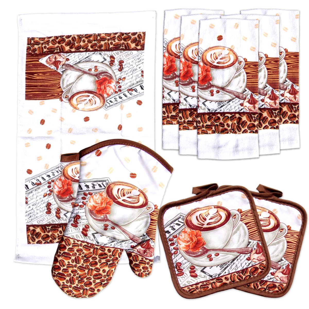 Lobyn Value Pack Kitchen Towel Oven Mitts and Pot Holders Sets, Pot Holders and Oven Mitts Sets, Kitchen Mittens and Pot Holder Set, Potholder Set, Mittens Kitchen Coffee Design