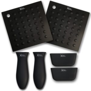 6 piece silicone kitchen set - kitchen addiction 2 hot handle holder sleeves, 2 trivet/potholder/grippers, 2 assist handles set (black)