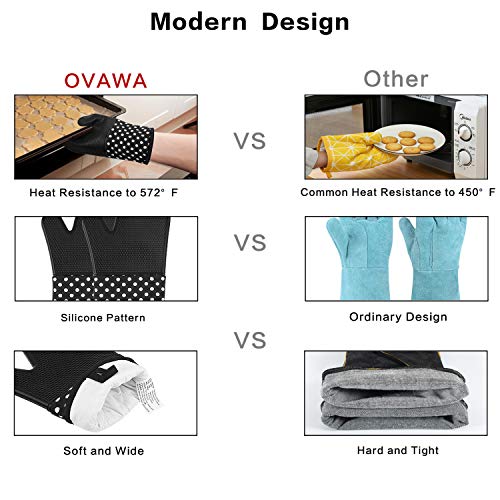 OVAWA Silicone Oven Mitts, Extra Long Kitchen Oven Gloves, Professional Heat Resistant Baking Gloves, 1 Pair, Black