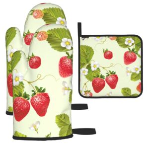 yilequan lovely strawberry print oven mitts and pot holders sets,kitchen oven glove high heat resistant 500 degree oven mitts and potholder,surface safe for baking, cooking, bbq,pack of 3, one size