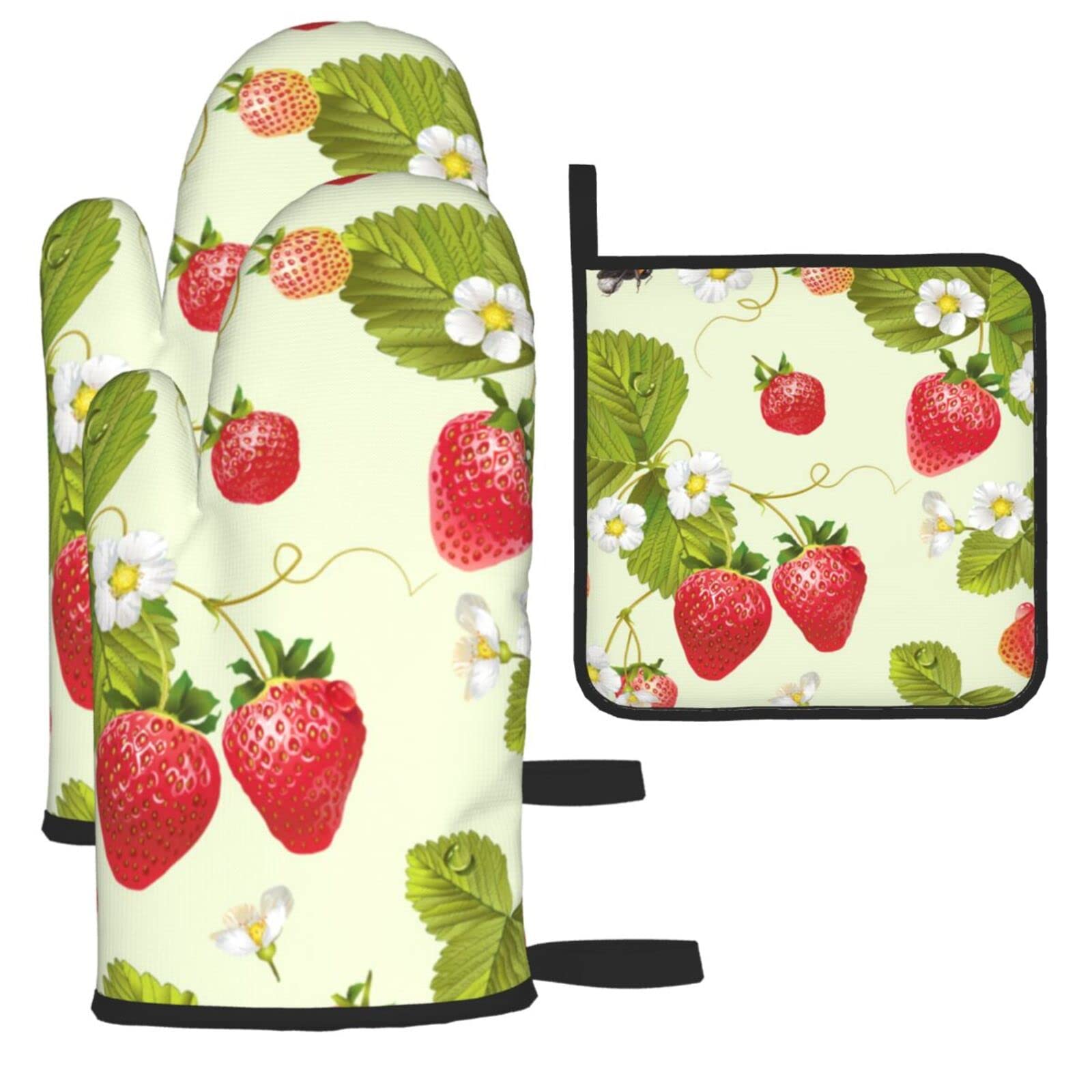 YILEQUAN Lovely Strawberry Print Oven Mitts and Pot Holders Sets,Kitchen Oven Glove High Heat Resistant 500 Degree Oven Mitts and Potholder,Surface Safe for Baking, Cooking, BBQ,Pack of 3, One Size