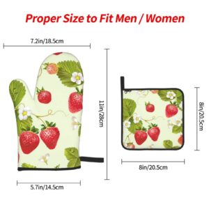 YILEQUAN Lovely Strawberry Print Oven Mitts and Pot Holders Sets,Kitchen Oven Glove High Heat Resistant 500 Degree Oven Mitts and Potholder,Surface Safe for Baking, Cooking, BBQ,Pack of 3, One Size