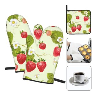 YILEQUAN Lovely Strawberry Print Oven Mitts and Pot Holders Sets,Kitchen Oven Glove High Heat Resistant 500 Degree Oven Mitts and Potholder,Surface Safe for Baking, Cooking, BBQ,Pack of 3, One Size