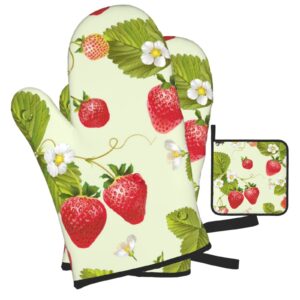 YILEQUAN Lovely Strawberry Print Oven Mitts and Pot Holders Sets,Kitchen Oven Glove High Heat Resistant 500 Degree Oven Mitts and Potholder,Surface Safe for Baking, Cooking, BBQ,Pack of 3, One Size