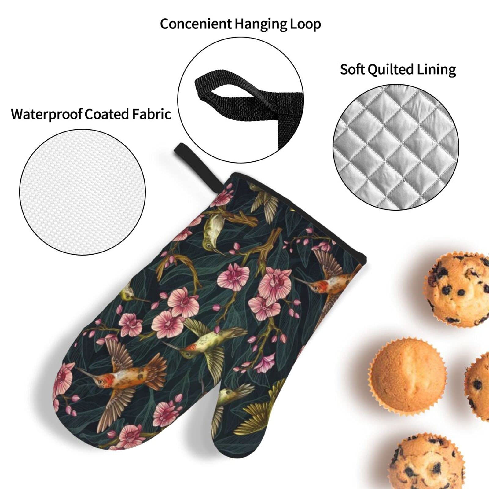 Hummingbird Flower Oven Mitts and Pot Holders Cute Heat Resistant Kitchen Set Microwave Golves and Hot Pads for Safe Cooking Baking Grilling BBQ