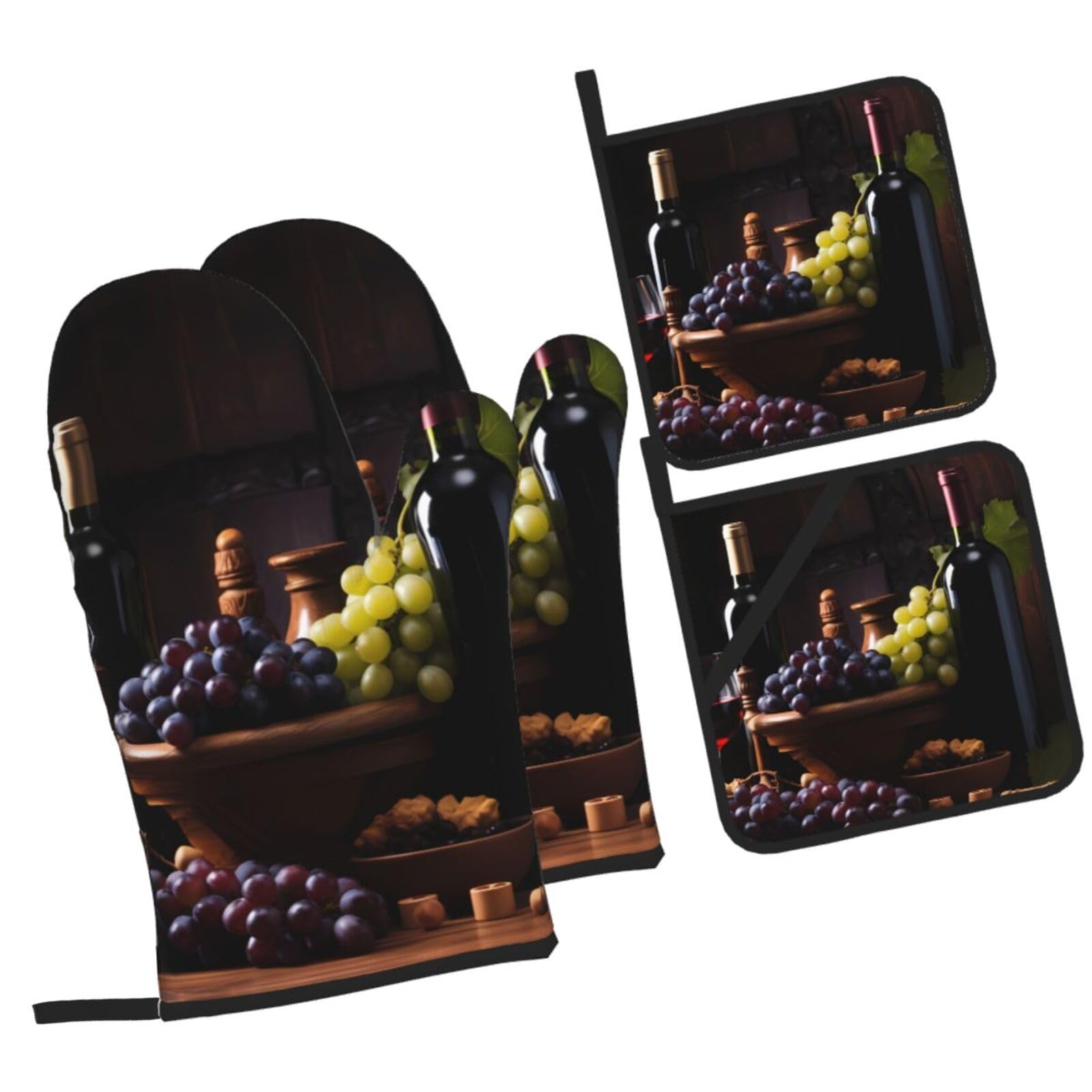 Mount Hour 4-Piece Set Oven Mitts and Potholders, Vintage Grapes Baking Glove and Pot Holder for Cooking BBQ