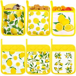 6 pcs pot holders for kitchen heat resistant yellow lemon design pot holders with hand pockets and hanging loops cotton hot pads dual function for kitchen, cooking, baking, grilling, gifting