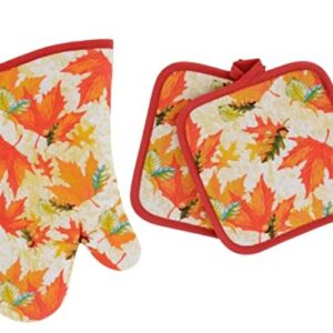 Combined Fall Kitchen Pot Holder and Mitt - Autumn Oven Mitt and Pot Holder Set - Maple Leaves -3 Items