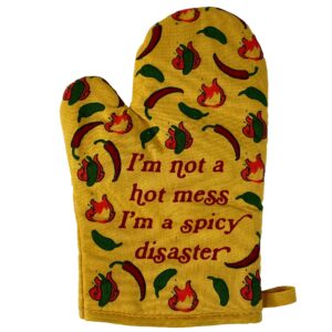 i'm not a hot mess i'm a spicy disaster oven mitt funny chili peppers heat graphic novelty kitchen glove funny graphic kitchenwear funny sarcastic novelty yellow oven mitt
