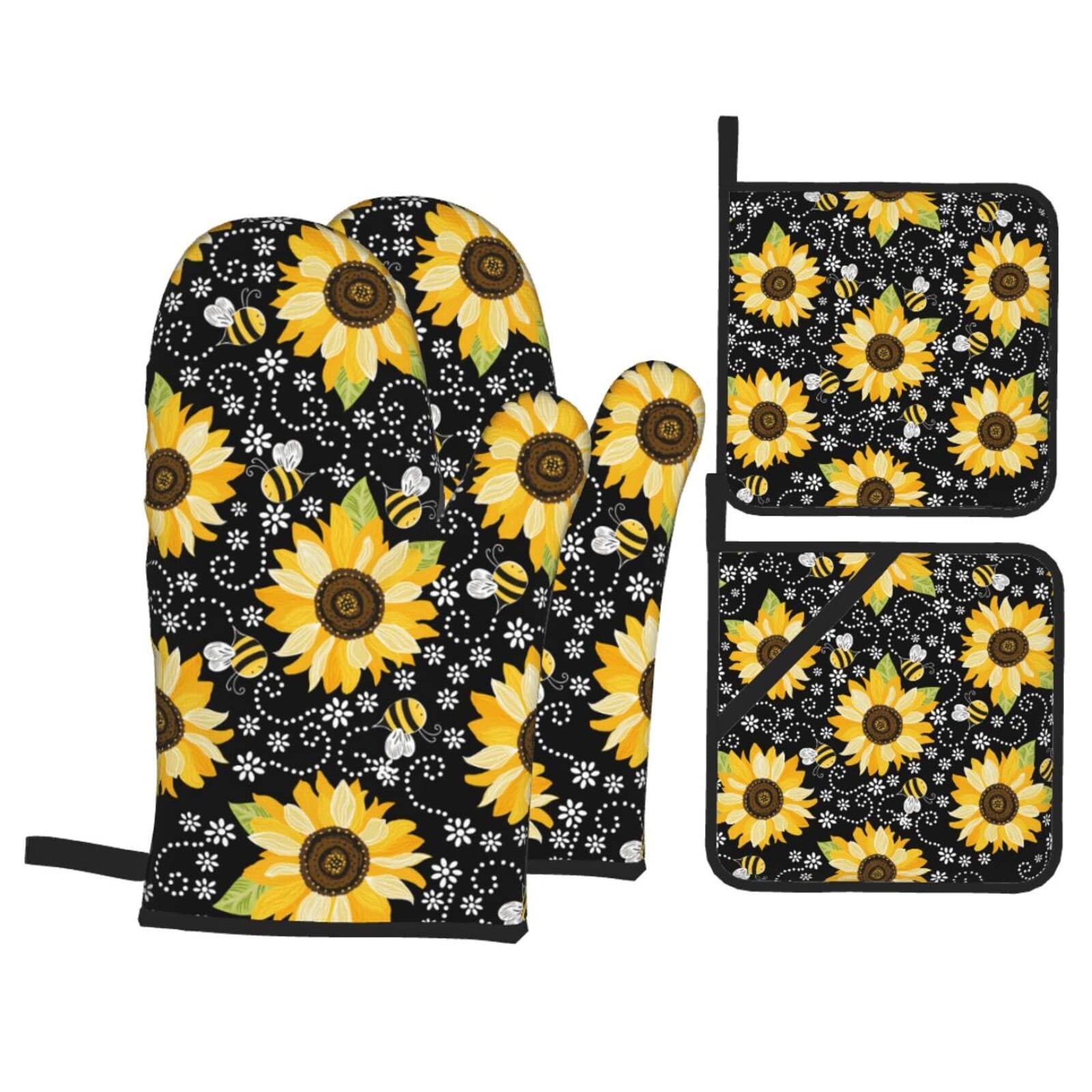 Sunflower Bees Oven Mitts and Pot Holders Sets of 4 High Heat Resistant Oven Mitts with Oven Gloves and Hot Pads Polyester Potholders for Kitchen Baking Grilling BBQ Non-Slip Cooking Mitts