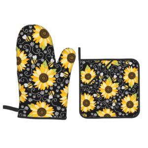 Sunflower Bees Oven Mitts and Pot Holders Sets of 4 High Heat Resistant Oven Mitts with Oven Gloves and Hot Pads Polyester Potholders for Kitchen Baking Grilling BBQ Non-Slip Cooking Mitts