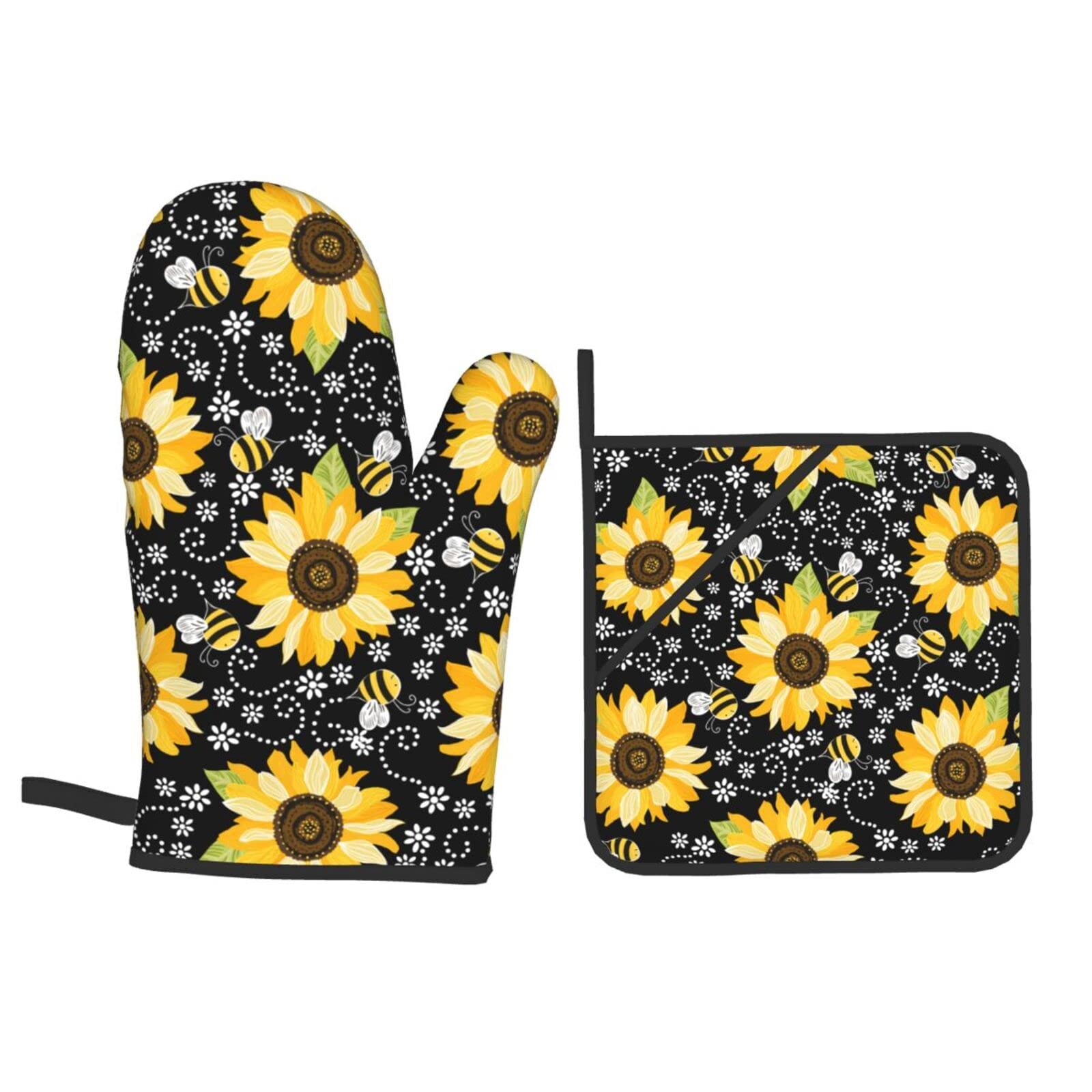 Sunflower Bees Oven Mitts and Pot Holders Sets of 4 High Heat Resistant Oven Mitts with Oven Gloves and Hot Pads Polyester Potholders for Kitchen Baking Grilling BBQ Non-Slip Cooking Mitts