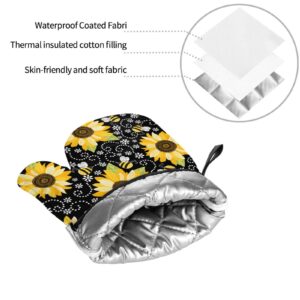 Sunflower Bees Oven Mitts and Pot Holders Sets of 4 High Heat Resistant Oven Mitts with Oven Gloves and Hot Pads Polyester Potholders for Kitchen Baking Grilling BBQ Non-Slip Cooking Mitts