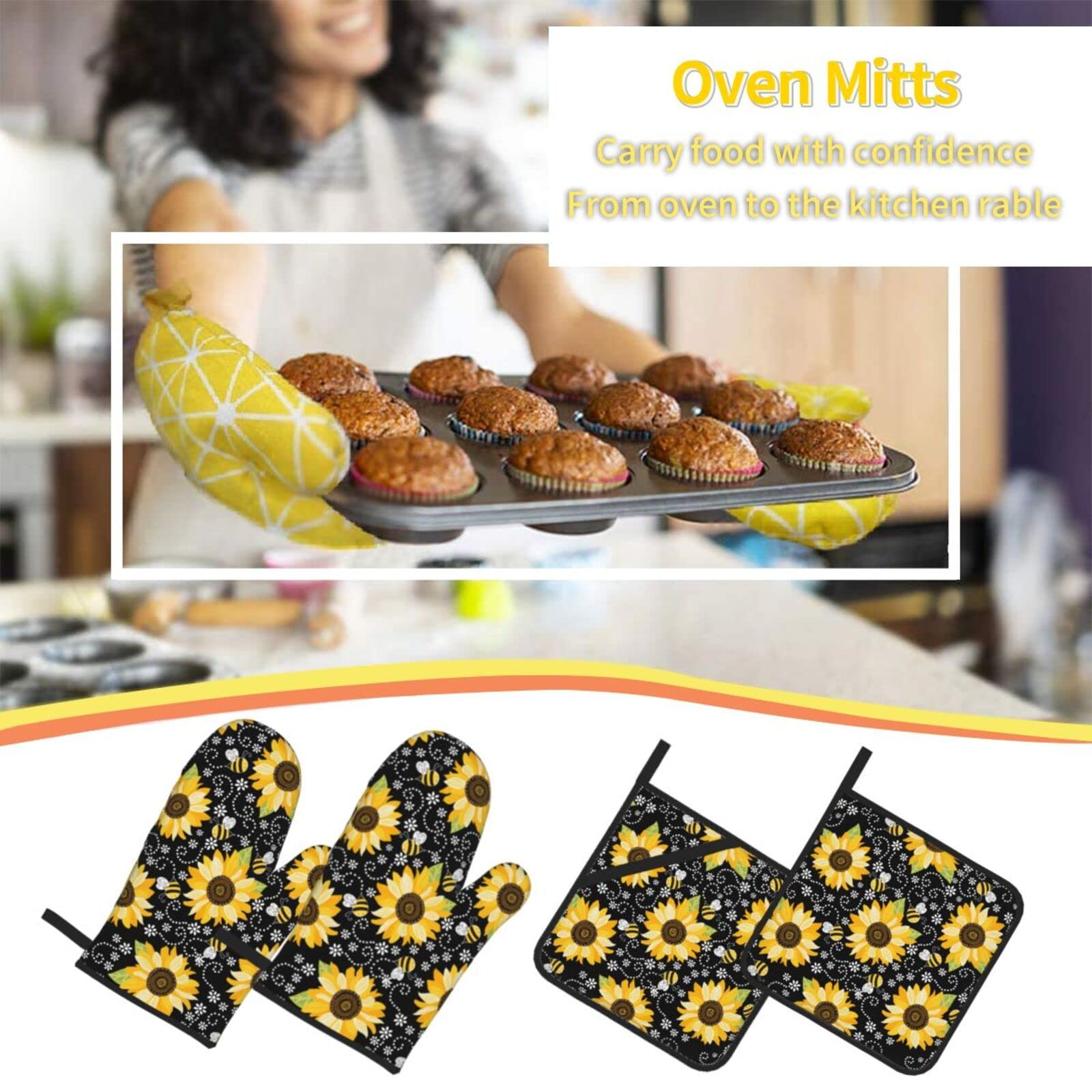 Sunflower Bees Oven Mitts and Pot Holders Sets of 4 High Heat Resistant Oven Mitts with Oven Gloves and Hot Pads Polyester Potholders for Kitchen Baking Grilling BBQ Non-Slip Cooking Mitts