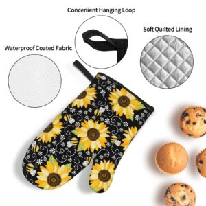 Sunflower Bees Oven Mitts and Pot Holders Sets of 4 High Heat Resistant Oven Mitts with Oven Gloves and Hot Pads Polyester Potholders for Kitchen Baking Grilling BBQ Non-Slip Cooking Mitts