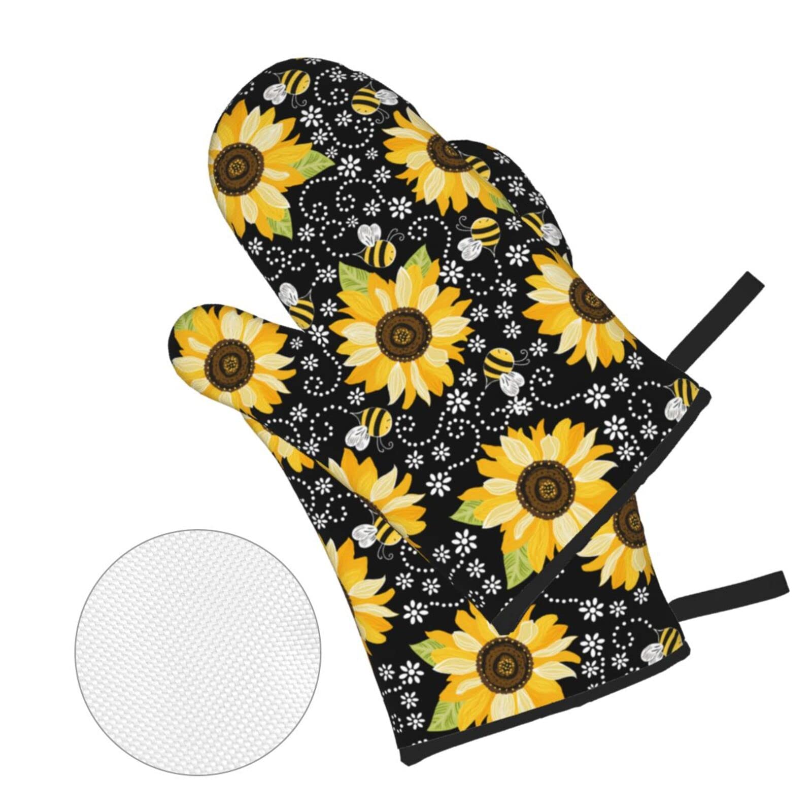 Sunflower Bees Oven Mitts and Pot Holders Sets of 4 High Heat Resistant Oven Mitts with Oven Gloves and Hot Pads Polyester Potholders for Kitchen Baking Grilling BBQ Non-Slip Cooking Mitts