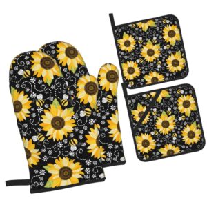 Sunflower Bees Oven Mitts and Pot Holders Sets of 4 High Heat Resistant Oven Mitts with Oven Gloves and Hot Pads Polyester Potholders for Kitchen Baking Grilling BBQ Non-Slip Cooking Mitts