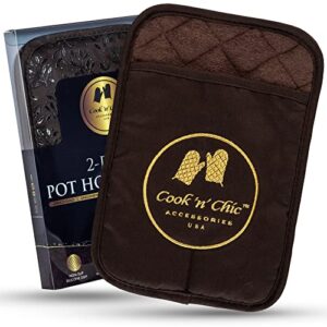 premium pot holders - heat resistant - non slip textured silicone grip - washable mittens for cooking baking - flexible soft terry cloth cotton lining - set of 2 by cook'n'chic