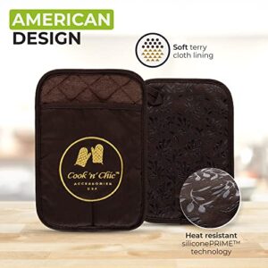 Premium Pot Holders - Heat Resistant - Non Slip Textured Silicone Grip - Washable Mittens for Cooking Baking - Flexible Soft Terry Cloth Cotton Lining - Set of 2 by Cook'n'Chic