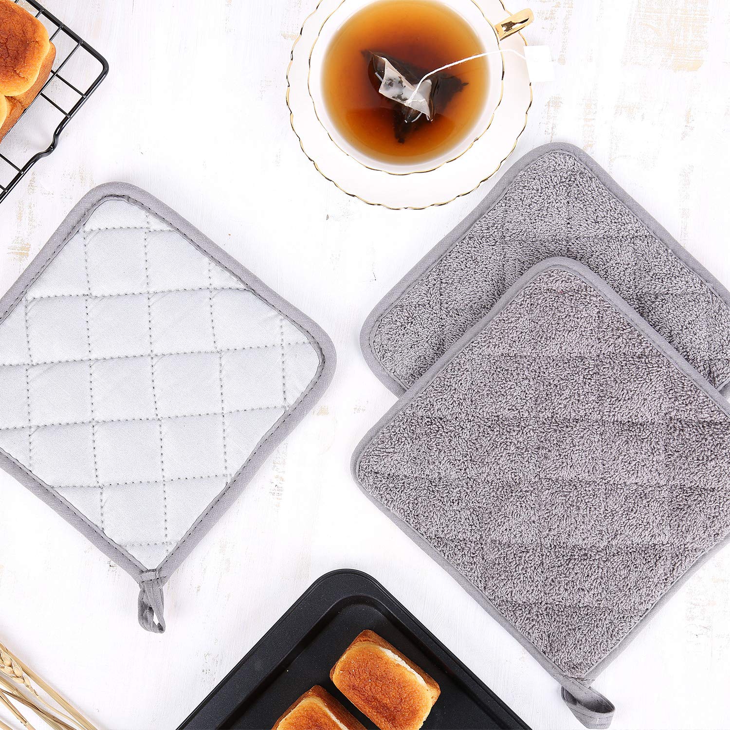 VEIKERY Oven Pot Holders 100% Cotton,7x7 inches,3 Packs,Perfect for Cooking, Baking, Serving, BBQ or Dinner Party (Gray, 3)