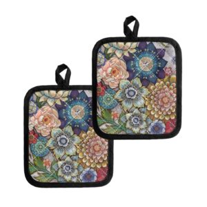 jndtueit blooming flower heat resistant pot holders 4 set, colorful floral washable potholder for cooking & baking, multicolor boho table pads for kitchen and dining table