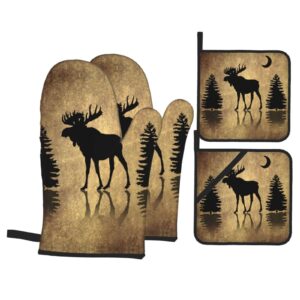 donmyer rustic elk moose deer forest pine tree moon design oven mitts and pot holders sets of 4 vintage animal heat resistant gloves set potholders for kitchen grilling non-slip, 7.2x11in+8x8in