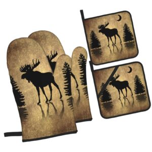 DONMYER Rustic Elk Moose Deer Forest Pine Tree Moon Design Oven Mitts and Pot Holders Sets of 4 Vintage Animal Heat Resistant Gloves Set Potholders for Kitchen Grilling Non-Slip, 7.2x11in+8x8in