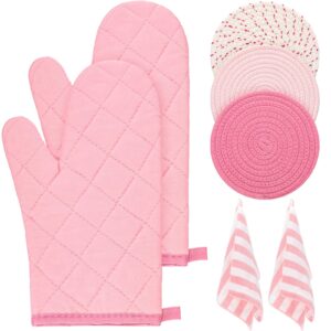 zubebe oven mitts and pot holders with kitchen towels set of 7, valentine's day gift for women heat resistant oven gloves hot pads kitchen hand towels for cooking baking(pink)