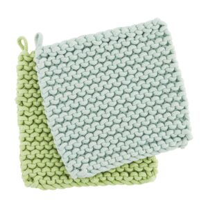 mud pie pastel crochet pot holder set, green, 8" x 8"